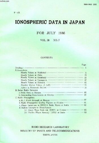 Ionospheric Data In Japan, For July 1986, Vol. 38, N° 7 (F-451)