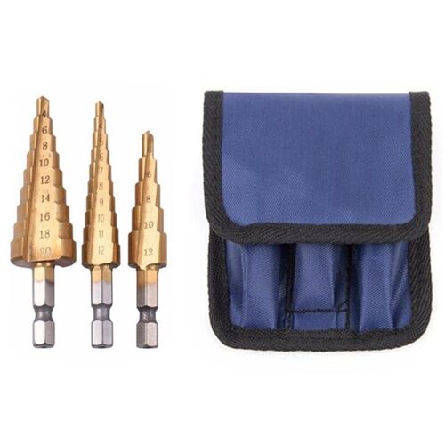 3pc Hss Étape Cône Cône Foret Ensemble Métal Trou Cutter Métrique 3-12 4-12 4-20mm 1/4 Pouces Titane Enduit Métal Hex Cône