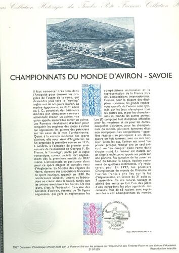 Collection Historique Du Timbre Poste Français (Documents Officiels) 21 X 29.7 Cm Avec Oblitération 1er Jour : Championnat Monde Aviron - Sport Savoie Novalaise