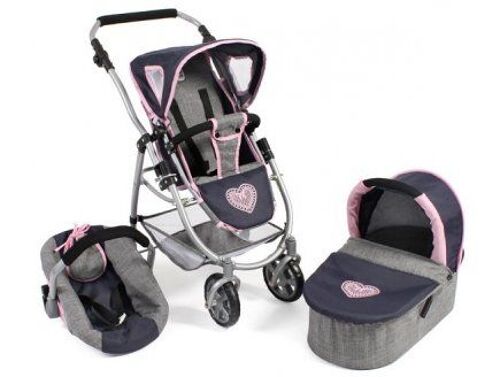 Combi 3 En 1 : Poussette, Landau, Cosy Pour Poupee Et Poupon - Gris Bleu Coeur Rose 67x43x77cm - Pliable, Reglable 55-82 Cm