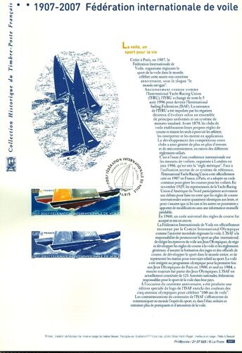 Collection Historique Du Timbre Poste Français (Documents Officiels) 21 X 29.7 Cm Avec Oblitération 1er Jour : Fédération Internationale De Voile 1907-2007 / Sport