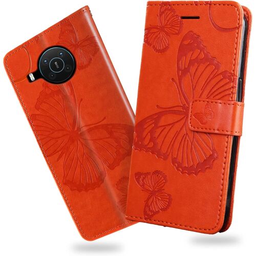 KAL-Coque Pour Nokia X20 / Nokia X10, Papillon Imprimé Housse En Cuir Pu Magnétique Portefeuille, Étui À Rabat Pour Nokia X20 / Nokia X10, Orange