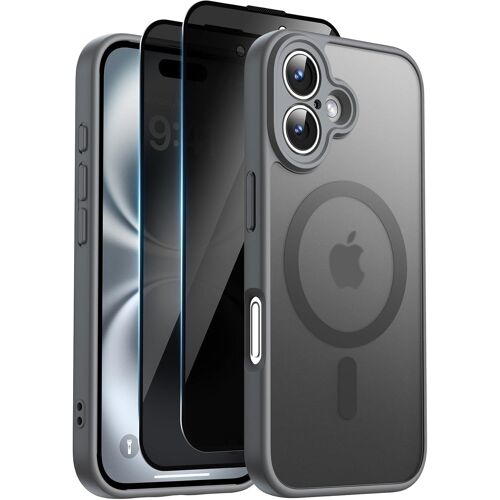 NSIECD-Helssitot Coque Magnétique pour iPhone 16 avec 2 Verre Trempé Anti-Espion Compatible avec MagSafe Militaire Étui Housse Antichoc Bumper Militaire 6,1 Pouces-Gris