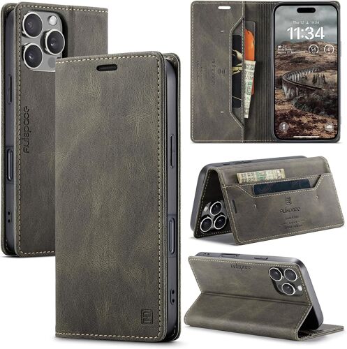 AEFJ-Coque pour iPhone 16 Pro Case à Rabat Pochette Portefeuille Etui Premium en Cuir PU Flip Case [Blocage du Signal RFID] Housse Protection Cover pour iPhone 16 Pro, Marron