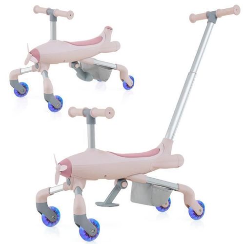 Costway Tricycle Pour Enfants 2-En-1 Avec Putter, Lumières Led, Panier, Repose-Pieds Pliables, Poignées Réglables, 18-60 Mois, Rose