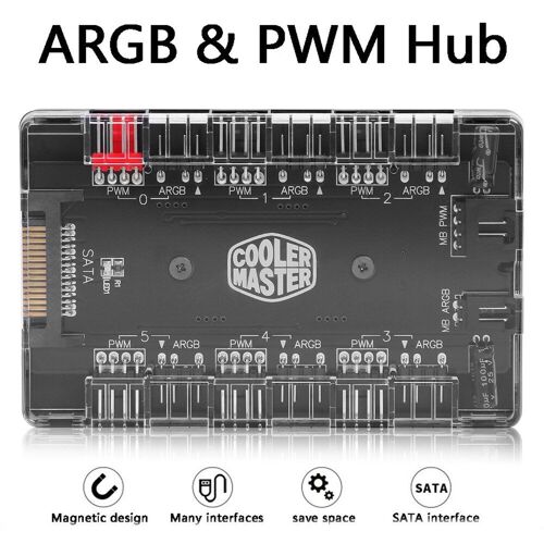 Hub PMW ARGB 1 à 6 pour ventilateur d'ordinateur portable, adaptateur avec répartiteur avec 4 broches PWM et 3 broches RGB adressable, muni de connecteur d'interface SATA, concentrateur