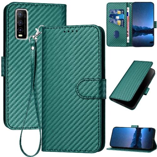Flip Étui Pour Vivo Y70s Avec Sangle Détachable Cuir Premium Surface De Fibre De Carbone Avec Fente Pour Carte Et Béquille - Vert Foncé