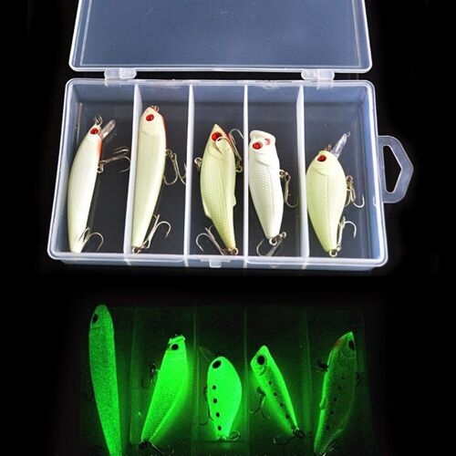 5 Pièces Lueur Dans L'obscurité Vib Popper Manivelle Minnow Crayon Appât Artificiel Avec Boîte De Leurre Lumineux Nuit Pêche Leurre Appât Kit