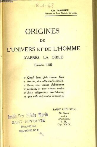 Origines De L'univers Et De L'homme D'après La Bible (Genèse I-Iii)