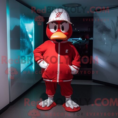 Costume Mascotte Redbrokoly De Cygnes Rouges Habillé D Un Bermuda Et D Un Bonnet