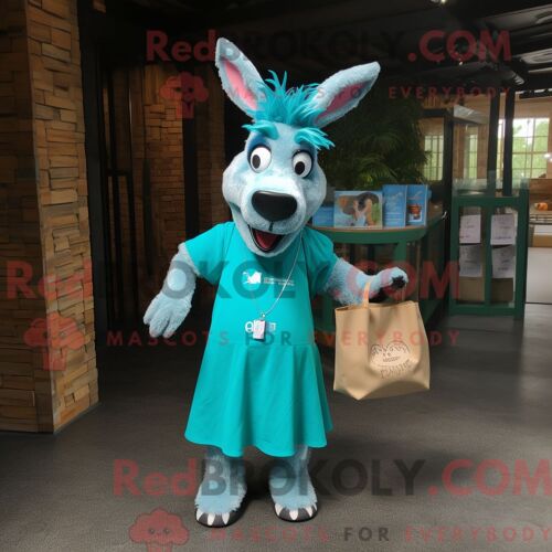 Costume Mascotte Redbrokoly D Âne Turquoise Habillé D Une Robe De Cocktail Et De Sacs Fourre-Tout