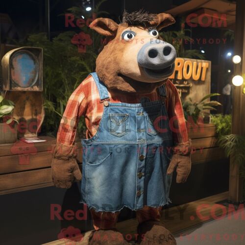 Personnage De Costume De Mascotte Redbrokoly De Rust Sow Habillé Avec Un Short En Jean Et Des Boutons De Manchette