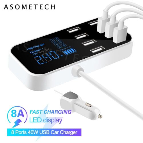 8 Ports Usb Chargeur De Voiture Qc3.0 Chargeur De Téléphone De Charge Rapide 40w 2.4a Multi Prise Usb Avec Affichage Led Pour Iphone Android Samsung
