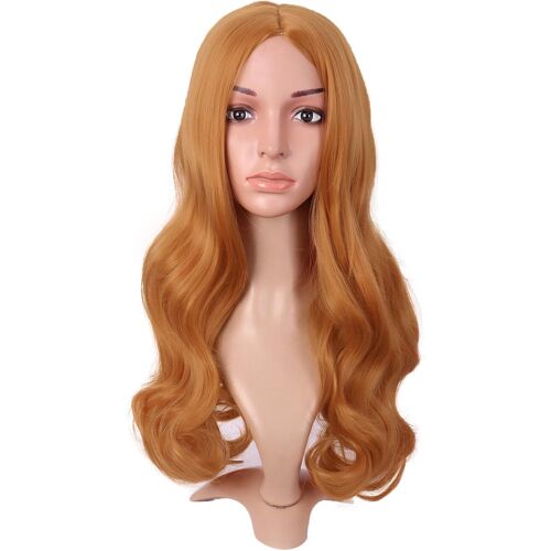 Kalanka-22 Pouce/55cm Longue Profond Vague Perruque Avec Frange Synthétique Fibre Bouclé Cheveux Middle Part Cosplay Perruques (D'or Orrange)