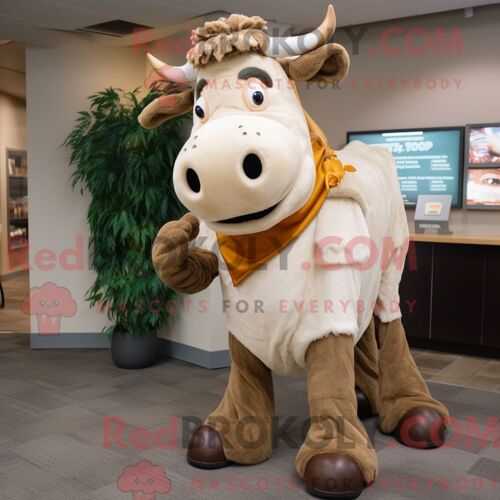 Costume De Mascotte Redbrokoly De Vache Hereford Tan Habillé D Un Pantalon Et D Anneaux En Velours Côtelé