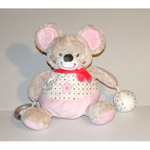 Souris D'activités Doudou Boule Mots D'enfants Peluche Souris Rose Blanc Étoilés