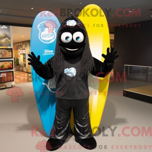 Personnage Mascotte Redbrokoly De Planche De Surf Noire Habillé D Un Jean Évasé Et De Sacs À Dos