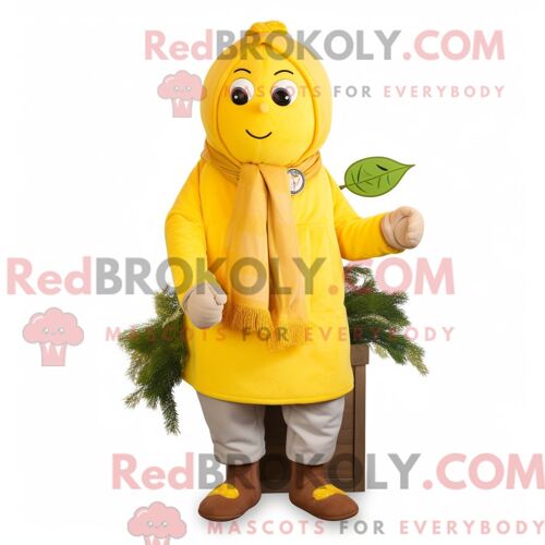 Costume Mascotte Redbrokoly De Citron Jaune Personnage Habillé Avec Un Manteau Et Des Pinces À Écharpe