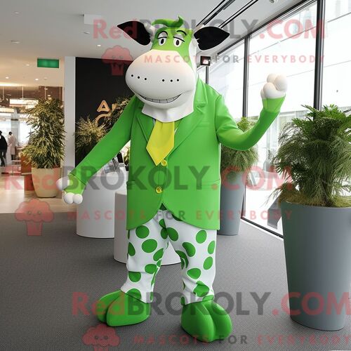 Costume De Mascotte Redbrokoly De Vache Holstein Vert Citron Personnage Habillé Avec Un Body Et Des Boutons De Manchette