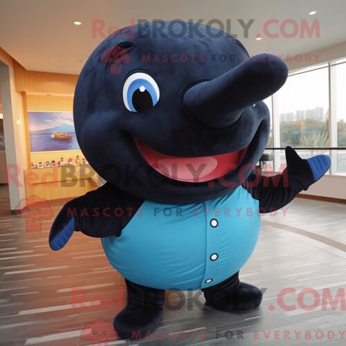 Costume Mascotte Redbrokoly De Baleine Noire Personnage Habillé D Un Pantalon En Velours Côtelé Et De Lacets De Chaussures
