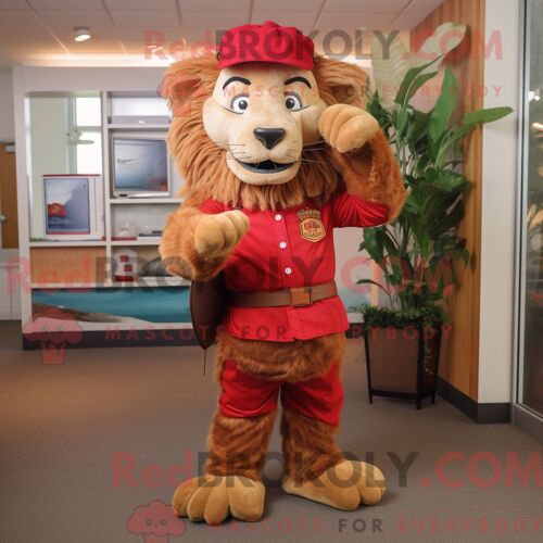 Costume De Mascotte Redbrokoly De Lion Rouge Habillé D Un Pantalon Et De Ceintures En Velours Côtelé