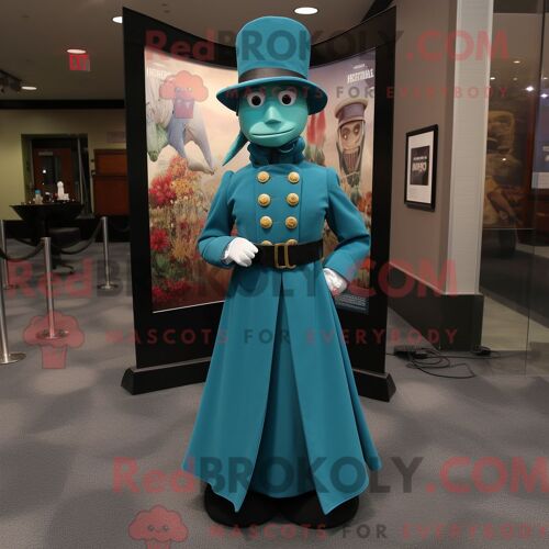 Costume De Mascotte Redbrokoly De Soldat De La Guerre Civile Bleu Sarcelle Habillé Avec Une Jupe Longue Et Des Épinglettes