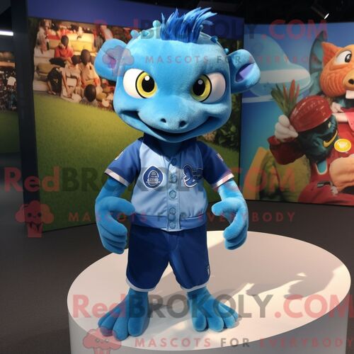 Costume Mascotte Redbrokoly De Geckos Bleus Personnage Habillé Avec Un Maillot De Rugby Et Des Pinces À Cheveux