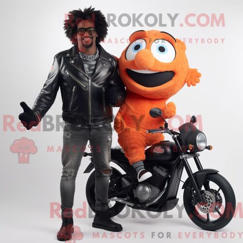 Costume De Mascotte Redbrokoly De Poisson Clown Noir Habillé D Une Veste De Motard Et De Lunettes