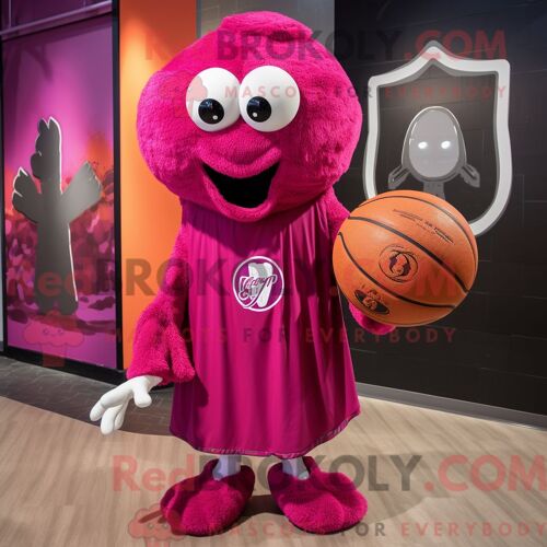 Personnage De Costume De Mascotte Redbrokoly De Ballon De Basket-Ball Magenta Habillé Avec Un T-Shirt Henley Et Des Épingles De Châle