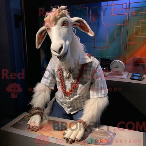 Costume De Mascotte Redbrokoly De Chèvre Boer Argentée Habillé D Une Chemise Boutonnée Et De Bracelets