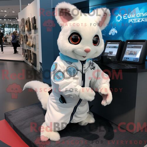 Mascotte Redbrokoly D Écureuil Volant Blanc Personnage Costumé Habillé D Une Combinaison Et De Montres Numériques