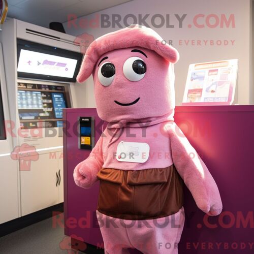 Costume Mascotte Redbrokoly De Barre De Chocolat Rose Personnage Habillé Avec Un Sweat À Capuche Et Des Broches