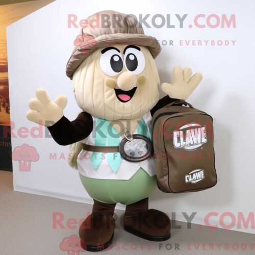 Personnage De Costume De Mascotte Redbrokoly De Chaudrée De Palourdes D Olive Habillé D Un Gilet Et De Sacs Messagers