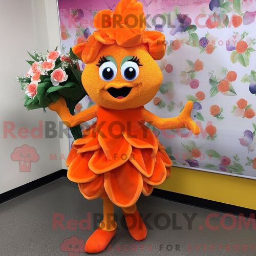 Costume De Mascotte Redbrokoly De Bouquet De Fleurs Orange Habillé D Une Robe Portefeuille Et De Pinces À Chaussures