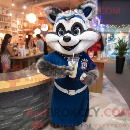 Costume Mascotte Redbrokoly De Raton Laveur Bleu Marine Habillé D Une Robe De Cocktail Et De Boucles D Oreilles