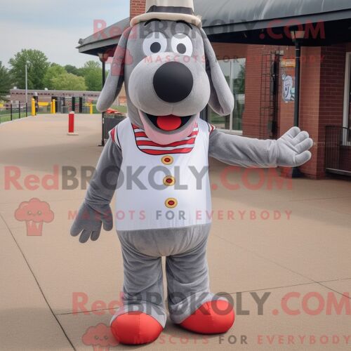 Costume De Mascotte Redbrokoly De Hot Dog Gris Personnage Habillé D Une Chemise Oxford Et De Coussinets De Pieds