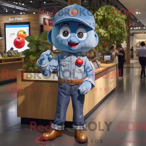 Costume De Mascotte Redbrokoly De Cerise Bleue Habillé D Une Chemise En Jean Et De Montres