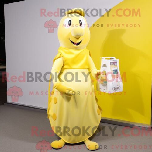 Costume Mascotte Redbrokoly D Hermine Jaune Citron Habillé D Une Robe De Soirée Et De Portefeuilles