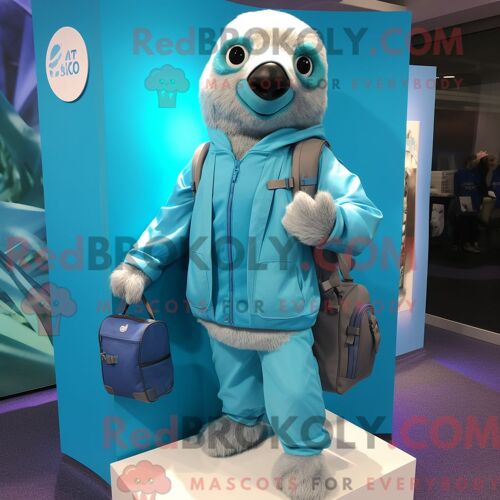 Costume Mascotte Redbrokoly De Cyan Sloth Habillé Avec Un Coupe-Vent Et Des Porte-Documents