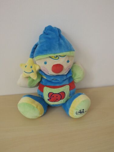 Peluche Doudou Clown Éléphant Bleu Vert Pommette
