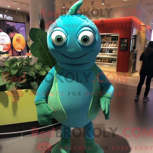 Costume Mascotte Redbrokoly D Épinards Turquoise Personnage Habillé Avec Un Col Roulé Et Des Broches