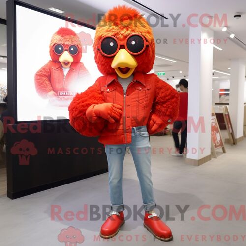 Personnage De Costume De Mascotte Redbrokoly De Poulet Frit Rouge Habillé D Un Jean Évasé Et D Anneaux