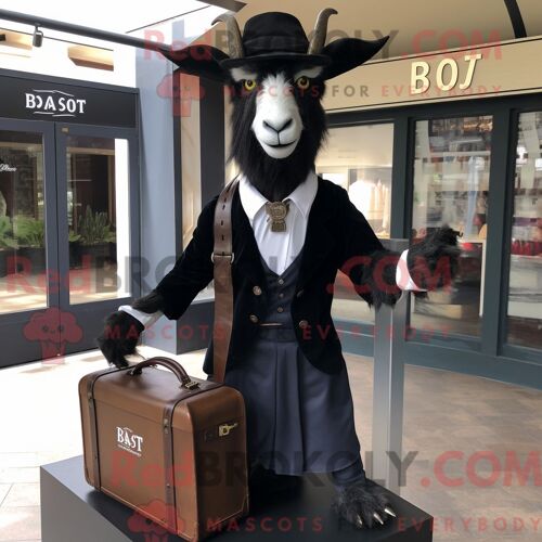 Costume Mascotte Redbrokoly De Chèvre Boer Noire Personnage Habillé D Un Blazer Et De Sacs Messager