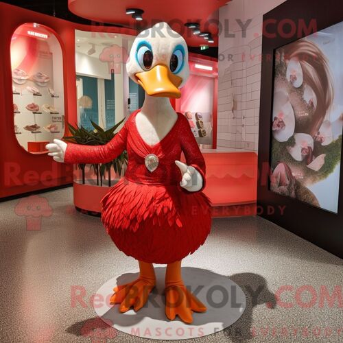 Costume De Mascotte Redbrokoly De Cygne Rouge Habillé D Une Combishort Et De Porte-Clés