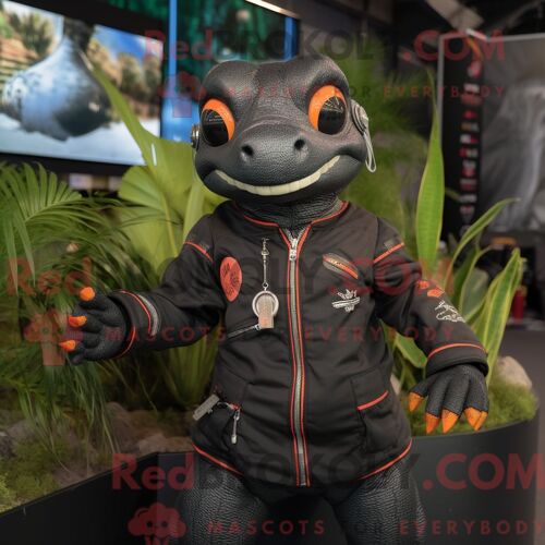 Costume De Mascotte Redbrokoly De Geckos Noirs Personnage Habillé Avec Un Blouson Aviateur Et Des Écharpes