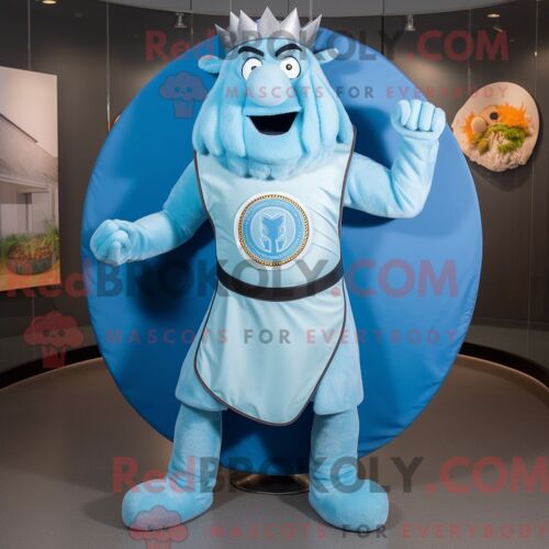 Costume De Mascotte Redbrokoly De Bouclier Celtique Bleu Ciel Habillé Avec Un Débardeur Et Des Pinces À Chaussures