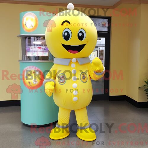 Personnage De Costume De Mascotte Redbrokoly De Gumball Machine Jaune Citron Habillé Avec Une Veste Et Des Porte-Clés