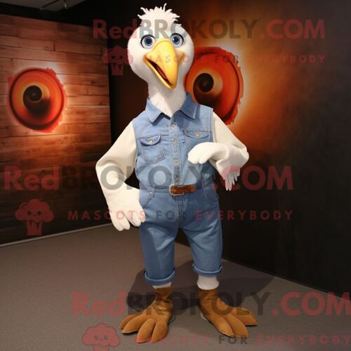 Costume De Mascotte Redbrokoly De Dinde Blanche Personnage Habillé D Une Chemise En Jean Et De Pinces À Chaussures