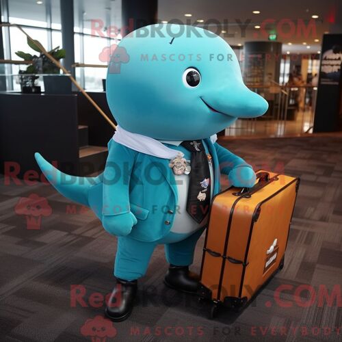 Costume Mascotte Redbrokoly De Narval Turquoise Personnage Habillé D Une Veste En Cuir Et De Porte-Documents