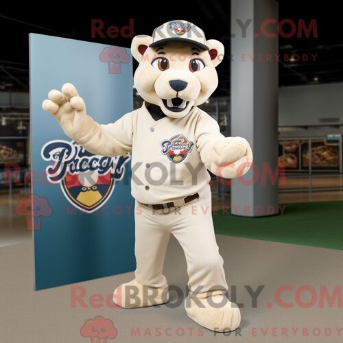 Personnage De Costume De Mascotte Redbrokoly De Panthère Crème Habillé D Un T-Shirt De Baseball Et De Pochettes De Costume